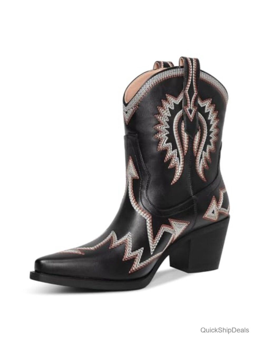 Pointed Toe Western Ankle Cowboy Boots Chunky Heel Embroidered Wide Calf